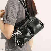 Black Double Pocket Decor Shoulder Bucket Bag With Pearl Keychain For Women