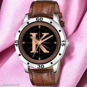 Welix Analog Round Black Dial ALPHABET K Design Stylish Brown Leather Strap Classic Design Fancy Wrist Watch for Men and Boys, Pack of 1 - ALPHA-K-AVO-SIL-DBRW-CRL