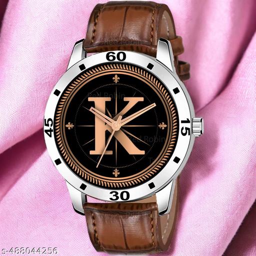 Welix Analog Round Black Dial ALPHABET K Design Stylish Brown Leather Strap Classic Design Fancy Wrist Watch for Men and Boys, Pack of 1 - ALPHA-K-AVO-SIL-DBRW-CRL