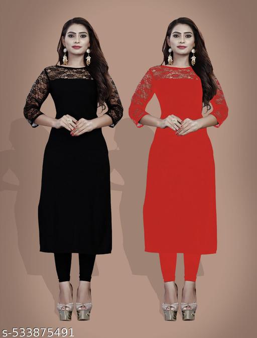 Casual American Crepe And Rasal Net Round Neck 3/4 Sleeves Stylish Pack Of 2 Kurtis For Womans (45"Inches)