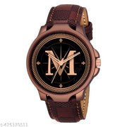 Welix Analog Round Black Dial ALPHABET M Design Stylish Brown Leather Strap Classic Design Fancy Wrist Watch for Men and Boys, Pack of 1 - ALPHA-M-3K-BRW-CHL