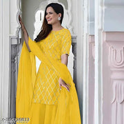 New Fabulous Rayon Yellow Woman Kurti With Bottom Wear And Dupatta[Net]