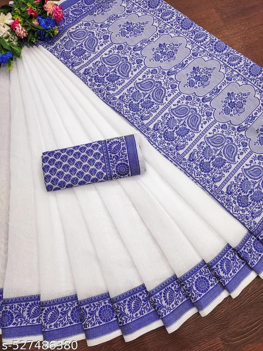 Top trending latest simple plain party wear/wedding Women's Jacquard Rapier Weaving White Cotton Silk Saree with Blue Thread Border & Rich Pallu | Elegant Traditional Saree