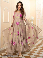 Eshanay Fashion Women's Georgette Flower Printed Straight Gown with Dupatta Set