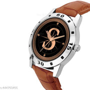Gadgets WorldAnalog Round Black Dial ALPHABET S Design Stylish Beige Leather Strap Classic Design Fancy Wrist Watch for Men and Boys, Pack of 1 - ALPHA-S-AVO-SIL-TAN-CRL