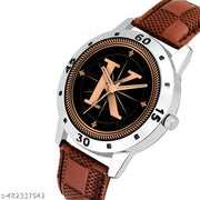 Natrix Analog Round Black Dial ALPHABET K Design Stylish Brown Leather Strap Classic Design Fancy Wrist Watch for Men and Boys, Pack of 1 - ALPHA-K-AVO-SIL-BRW-CHL