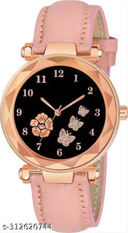 Flower Butterfly Design Dial Pink Lather Strap Woman Analog Watch