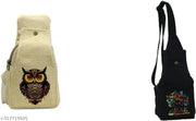 Natural Beige Owl Print Hemp Sling Bag for Men & Women | Eco-Friendly Canvas Crossbody Backpack | Adjustable Shoulder Strap Travel Bag | Boho Casual College Office Everyday Carry