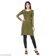 Kanchan World Women's Cotton Solid Long Kurti with Criss-Cross Cut-Out Sleeves | Casual Full Sleeve A-Line Kurta