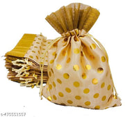 3A FEATURETAIL 13Cm X 18Cm 10pc Cream Color Golden Polka Dot Small Drawstring Bags Pouches Potli For Gift, Jewelry, Dryfruits & Candy