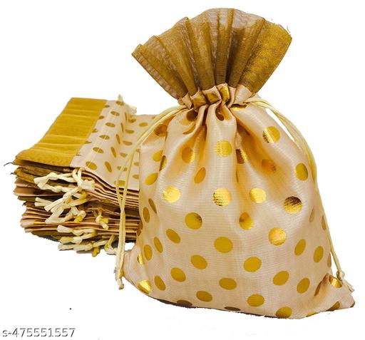 3A FEATURETAIL 13Cm X 18Cm 10pc Cream Color Golden Polka Dot Small Drawstring Bags Pouches Potli For Gift, Jewelry, Dryfruits & Candy