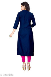 HF HOLYDAY FASHION Cotton Plain and Solid Wooden Button Straight Style Kurti Kurta For Women Latest Design Ladies Dresses Top Collar Neck Frontslit Stylish Party Wear Readymade Fancy Girls Dress Tops 3/4 Sleeve Calf Length Casual Front Slit Kurtis