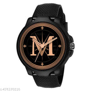 Welix Analog Round Black Dial ALPHABET M Design Stylish Black Rubber Strap Classic Design Fancy Wrist Watch for Men and Boys, Pack of 1 - ALPHA-M-3K-BLK-SFR
