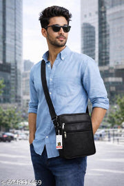 Black Men’s PU Leather Sling Bag / Crossbody Shoulder Bag – Multipocket Travel & Casual Office Bag