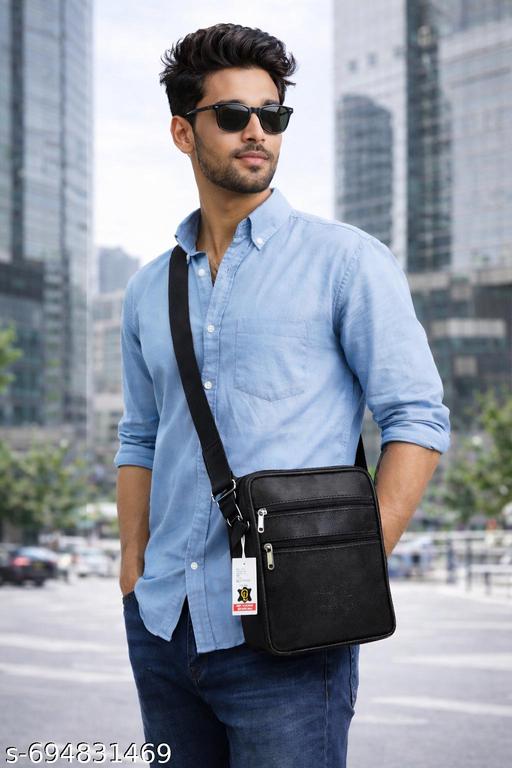 Black Men’s PU Leather Sling Bag / Crossbody Shoulder Bag – Multipocket Travel & Casual Office Bag