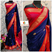 Sanskar Traditional Paithani Cotton Silk Sarees With Contrast Blouse Piece (Navy & Red)
