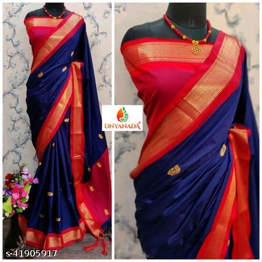 Sanskar Traditional Paithani Cotton Silk Sarees With Contrast Blouse Piece (Navy & Red)