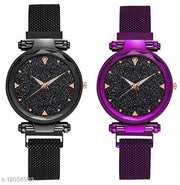 MMD Casual Designer Black Dial Combo of Magnet Watch - Pair of 2 - for Girls & Women - Purple & Black