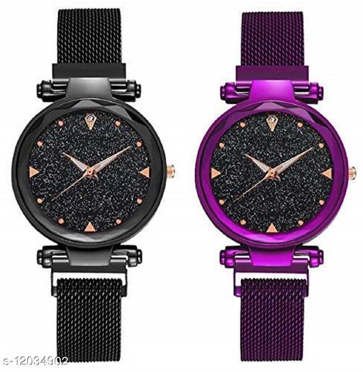 MMD Casual Designer Black Dial Combo of Magnet Watch - Pair of 2 - for Girls & Women - Purple & Black