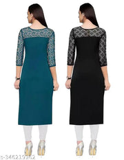 Pack of 1 Casual American Crepe And Net Round-Neck 3/4 Length Sleeves Rama & Black Kurti (45"Inches)
