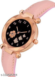 Flower Butterfly Design Dial Pink Lather Strap Woman Analog Watch
