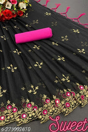Designer Saree for Women with Heavy Embroidery Border, Mirror Work Detailing, Tassel Pallu and Blouse Piece for Party Wear