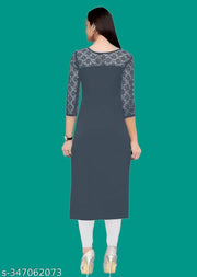 Casual American Crepe And Net Round-Neck 3/4 Length Sleeves Grey Kurti (45"Inches)