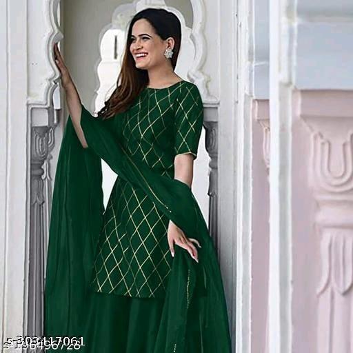 Women's Beautiful Rayon Printed Round Neck Kurta And Sharara With Net Dupatta Set