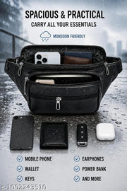 Large Capacity Black Waist Pouch for Men & Women | Water-Resistant Belt Bag with Multiple Zip Compartments | Crossbody Sling Bag for Travel, Gym, Trekking, Outdoor Adventures, Festivals & Daily Essentials