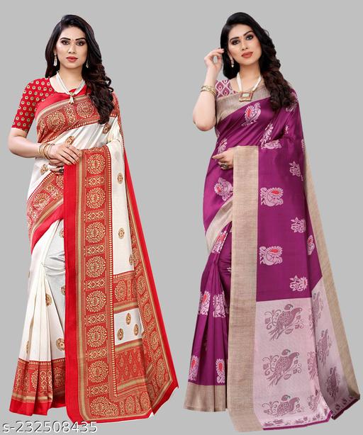 Women's Desinger Art Silk Printed Saree with Blouse Piece( Pack of 2)