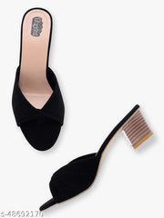 Taydol Women Fancy slip-on Block medium Heel black velvet woven design pvc sole open toe Sandal (33)