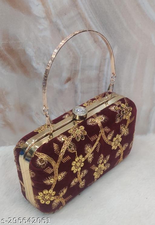 Party Velvet Clutch for Women Trendy Maroon Color Box Clutch with Handle Dulhan purse Bridal Clutch