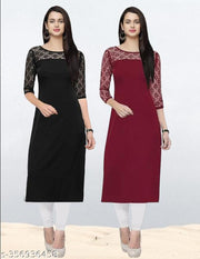 Pack of 1 Casual American Crepe And Net Round-Neck 3/4 Length Sleeves Black & Maroon Kurti (42"Inches)