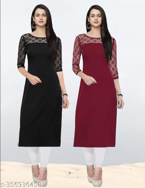 Pack of 1 Casual American Crepe And Net Round-Neck 3/4 Length Sleeves Black & Maroon Kurti (42"Inches)