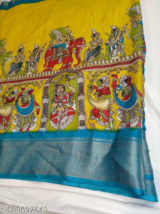 Dola Silk Kalamkari Print Jacquard Border Traditional wear saree for Women || Gift for Ladies on Wedding | Onam | Pongal | Navratri