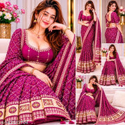 Women's Bandhani Printed Silk Box Embroidered Work Saree with Unstitched Blouse