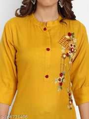 Yellow solid cotton blend straight kurta