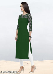 Casual American Crepe And Net Round-Neck 3/4 Length Sleeves Dark Green Kurti (45"Inches)