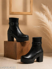 KLIEV PARIS | Women's Black Leatherette High Block Heel Platform Boots | Side Zip Ankle Length Boots with Buckle Strap Accent & Lug Sole for Girls