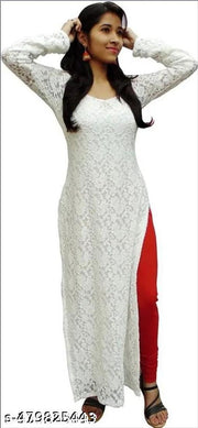Net Embroiderd Stright White Kurti
