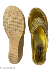 Women’s Golden Embellished Ethnic Flat Slippers | Stylish Stone Work Toe-Post Chappal for Women & Girls | Festive & Party Wear