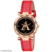 Skoal Analog Round Black Dial ALPHABET A Design Stylish Red Leather Strap Classic Design Fancy Wrist Watch for Women and Girls, Pack of 1 - ALPHA-A-GEN-RG-RED-L