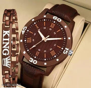 King Bracelt and Luxury Black lather Designer Watch Combo King Bracelet Designer Lather Strap Stylish Sport Look Boys watch for men Analog Watch - For Men"
