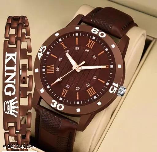 King Bracelt and Luxury Black lather Designer Watch Combo King Bracelet Designer Lather Strap Stylish Sport Look Boys watch for men Analog Watch - For Men"