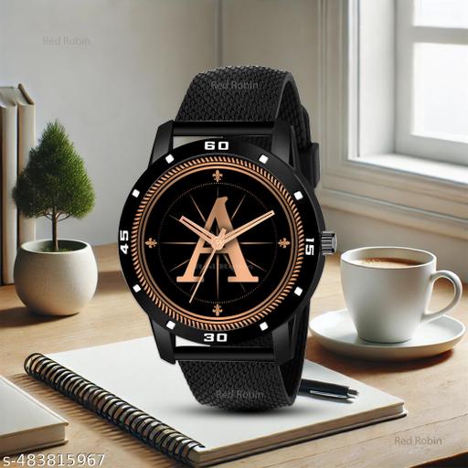 PS WATCHES Analog Round Black Dial ALPHA1BET A Design Stylish Black PU Strap Classic Design Fancy Wrist Watch for Men and Boys, Pack of 1 - ALPHA1-A-AVO-BLK-SFR