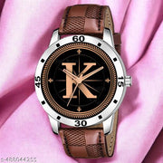 Welix Analog Round Black Dial ALPHABET K Design Stylish Brown Leather Strap Classic Design Fancy Wrist Watch for Men and Boys, Pack of 1 - ALPHA-K-AVO-SIL-BRW-CHL