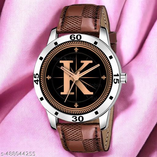 Welix Analog Round Black Dial ALPHABET K Design Stylish Brown Leather Strap Classic Design Fancy Wrist Watch for Men and Boys, Pack of 1 - ALPHA-K-AVO-SIL-BRW-CHL
