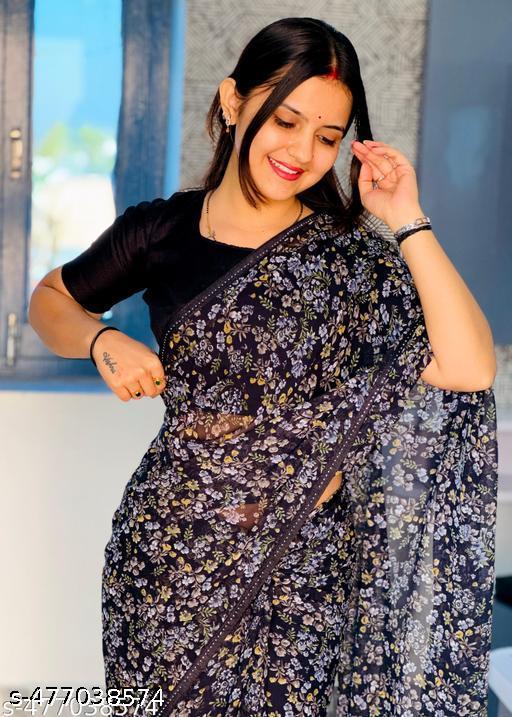 Premium Quality Georgette Printed Saree With Lace Border and Blouse