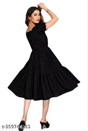 Women Rayon Solid A-Line Flared Kurti | Stylish Puff Sleeve One Piece Dress| Party Wear Dress Under 199 | Black