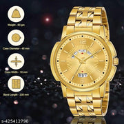 Elegant Fashion Style Men Golden Day Date Waterproof Watch Round Dial With One Year Golden Polish Warranty